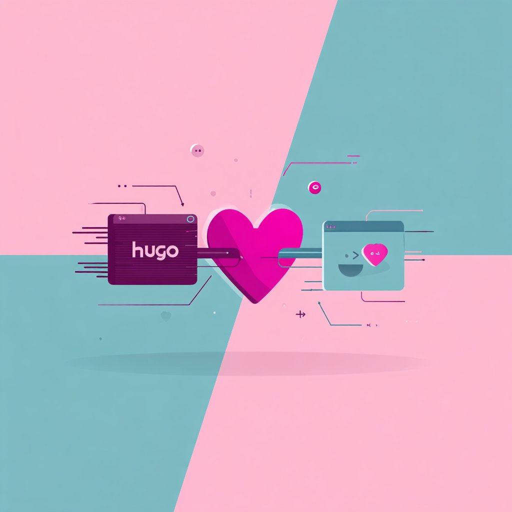 Stylized representation of the Hugo logo iconography interacting playfully with the Prettier logo iconography, connected by a minimalist heart symbol made of clean code braces . Flat design illustration, clean lines, Hugo purple…